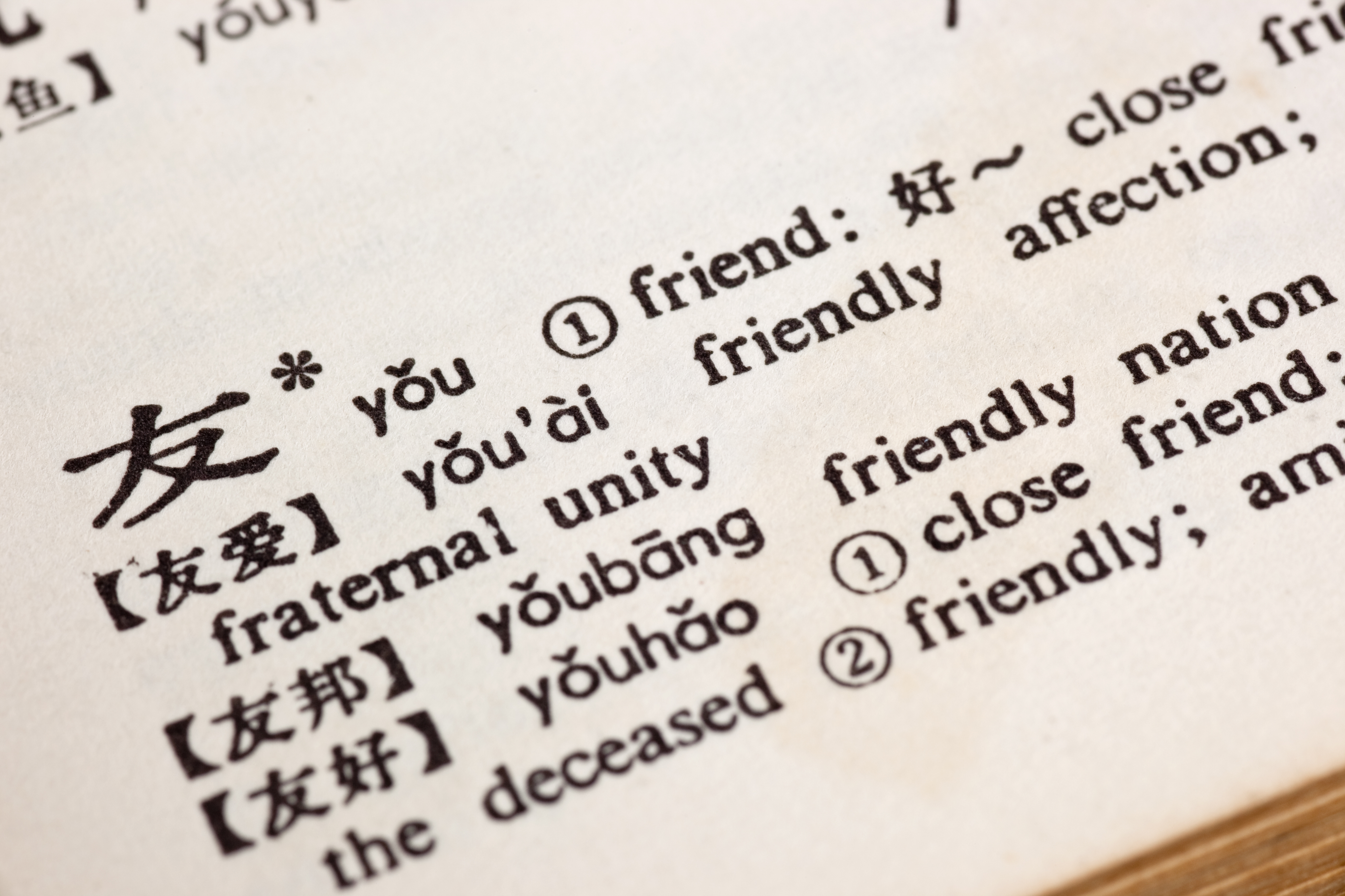 A close-up image of a dictionary page displaying the Chinese character for "friend" (友) along with its pronunciation (yǒu) and various definitions and related terms in English.