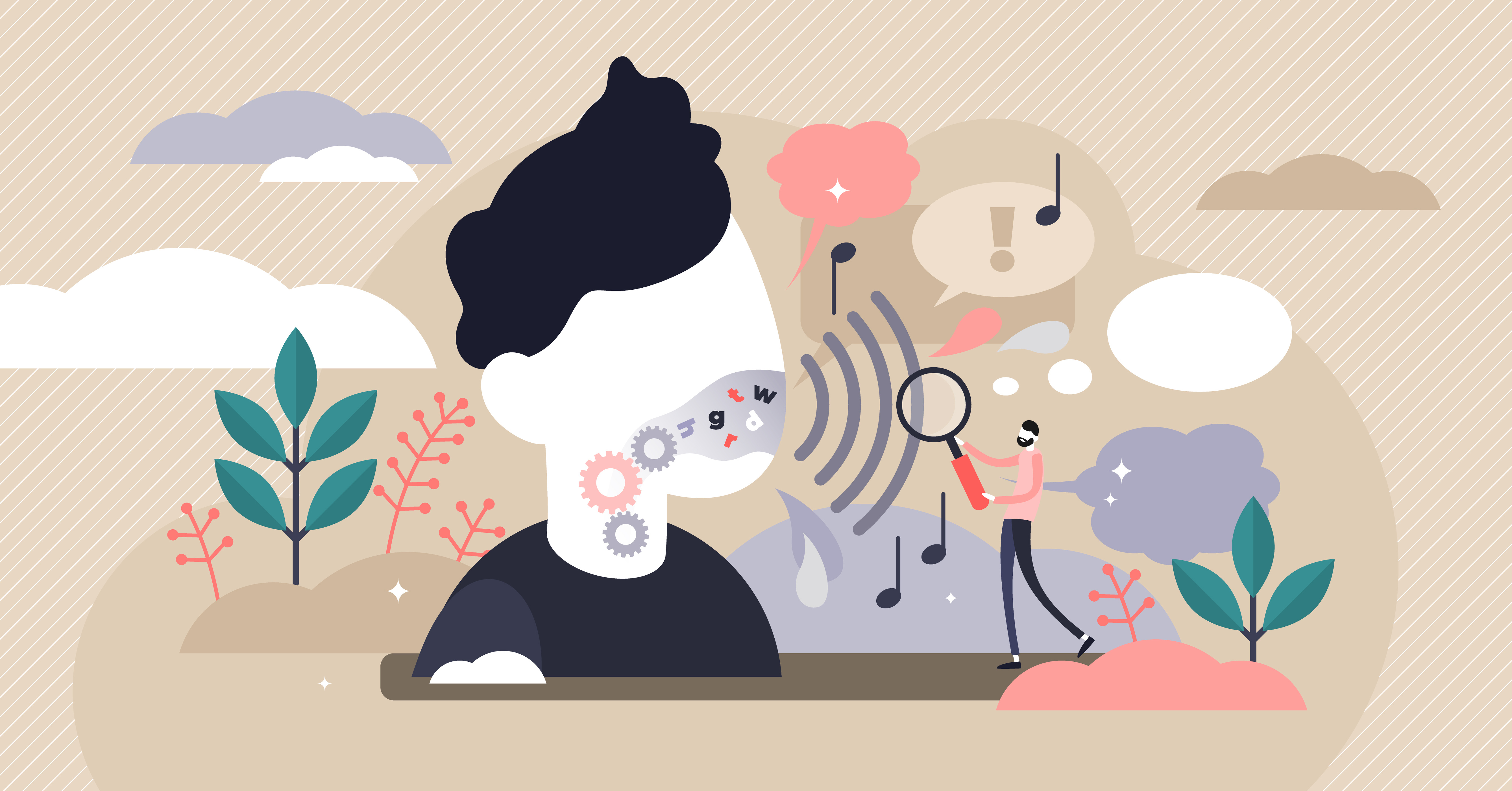 A fun graphic depicting large person emitting sound waves and letters and a small person examining the sounds.