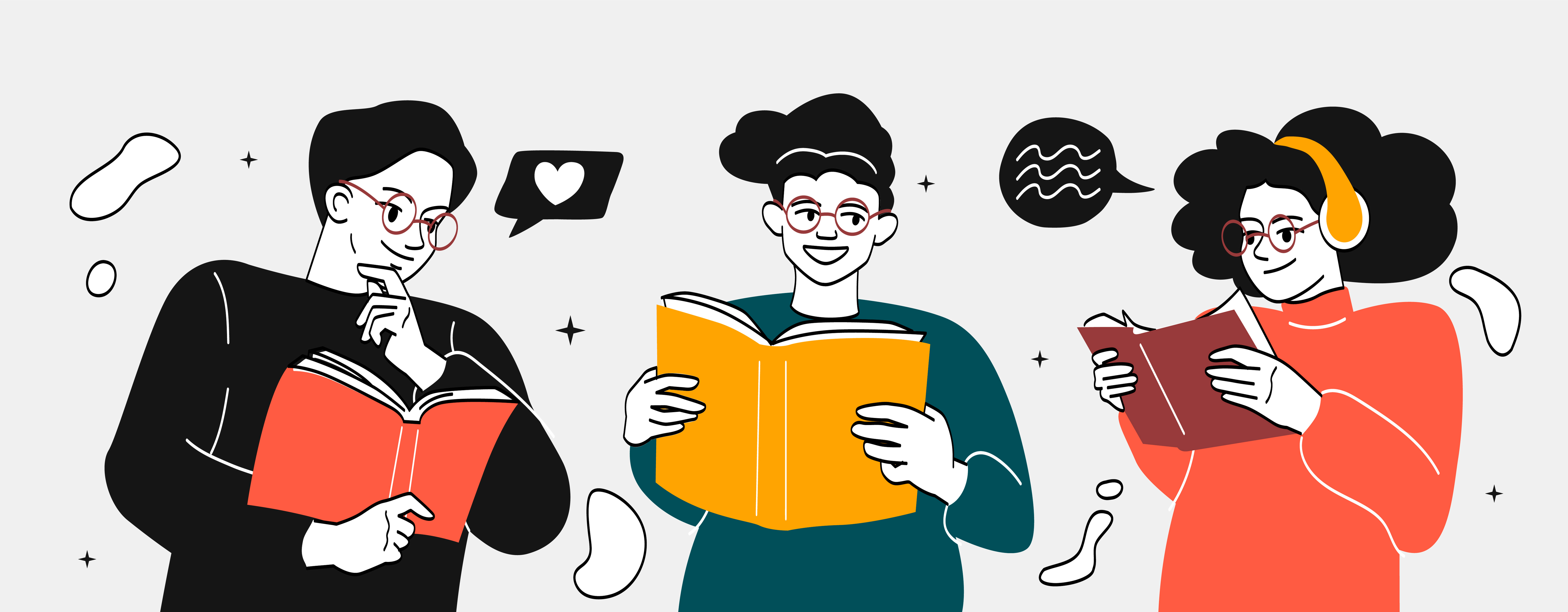 Three stylized figures are shown reading books.