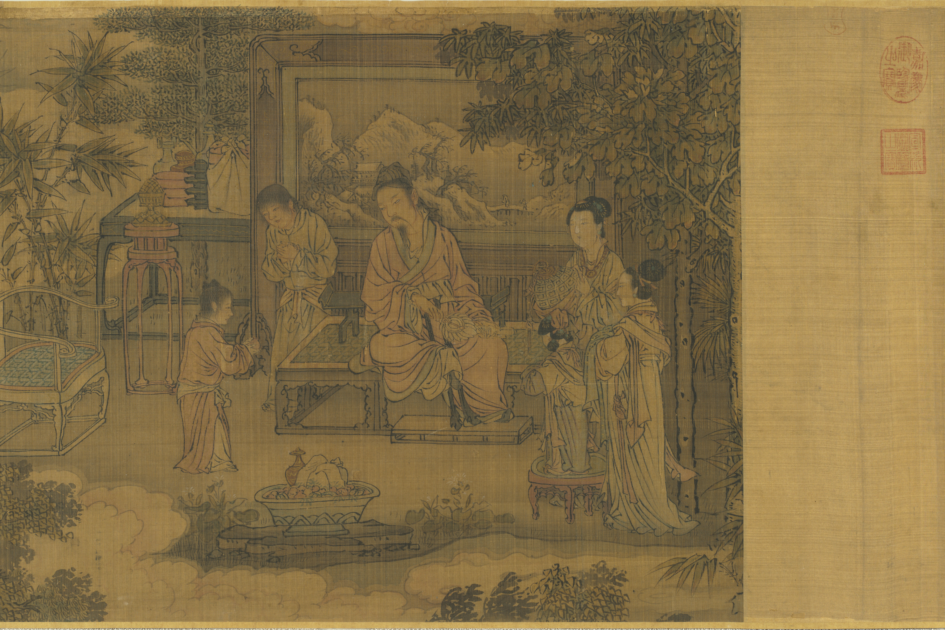 A faded painting depicts a scene, likely set outdoors or in a pavilion open to a garden.