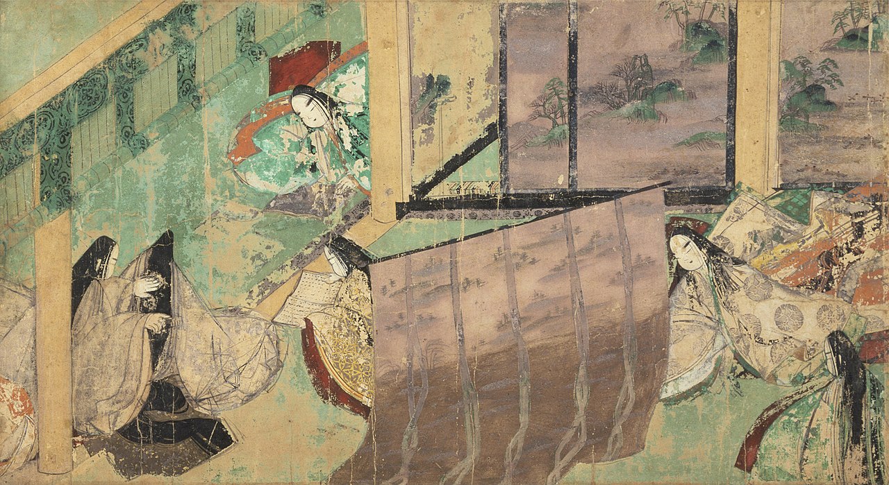 A fragment of a painting, likely Japanese, depicts a scene with several figures, predominantly women, in traditional clothing within a building or palace setting. The image is fragmented and shows signs of age and wear