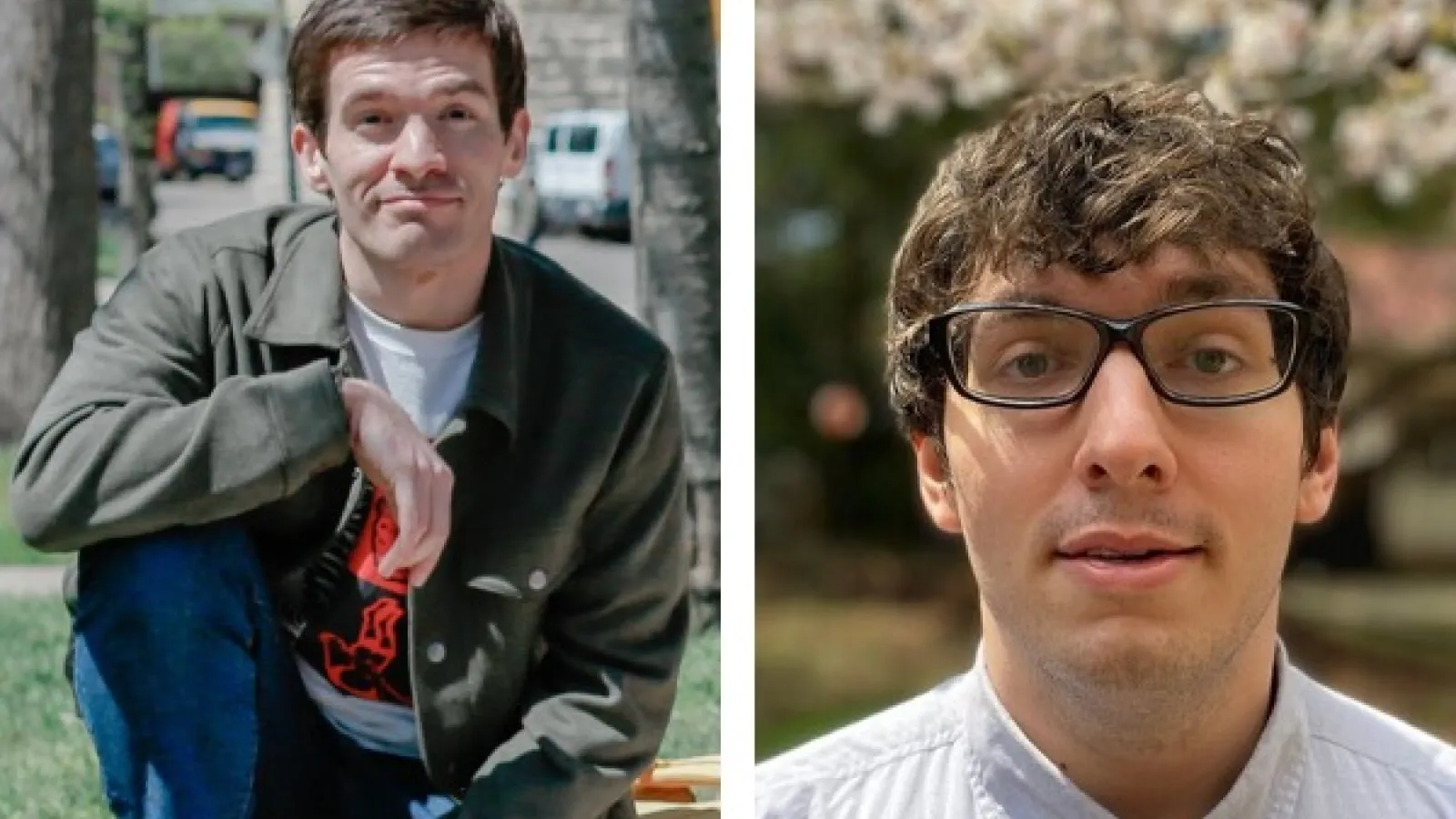 Joseph Santiago in a green jacket kneeling on grass, Matthew Steinhauer with glasses and a white shirt standing in front of blooming trees. 