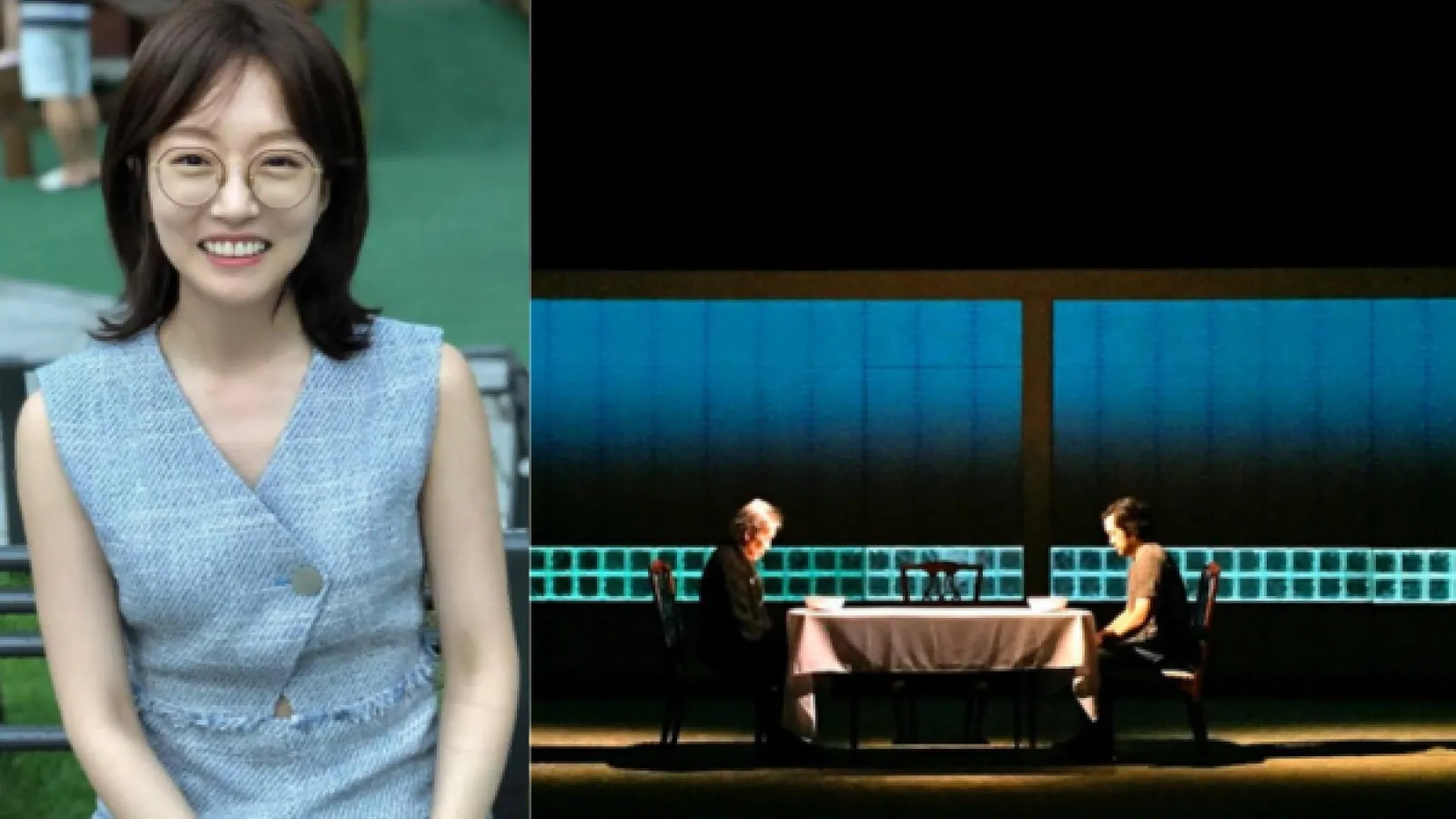 Pictured on  the left is Hayana Kim, a professional young woman with round glasses, to the right are two figured sitting at a table on a stage