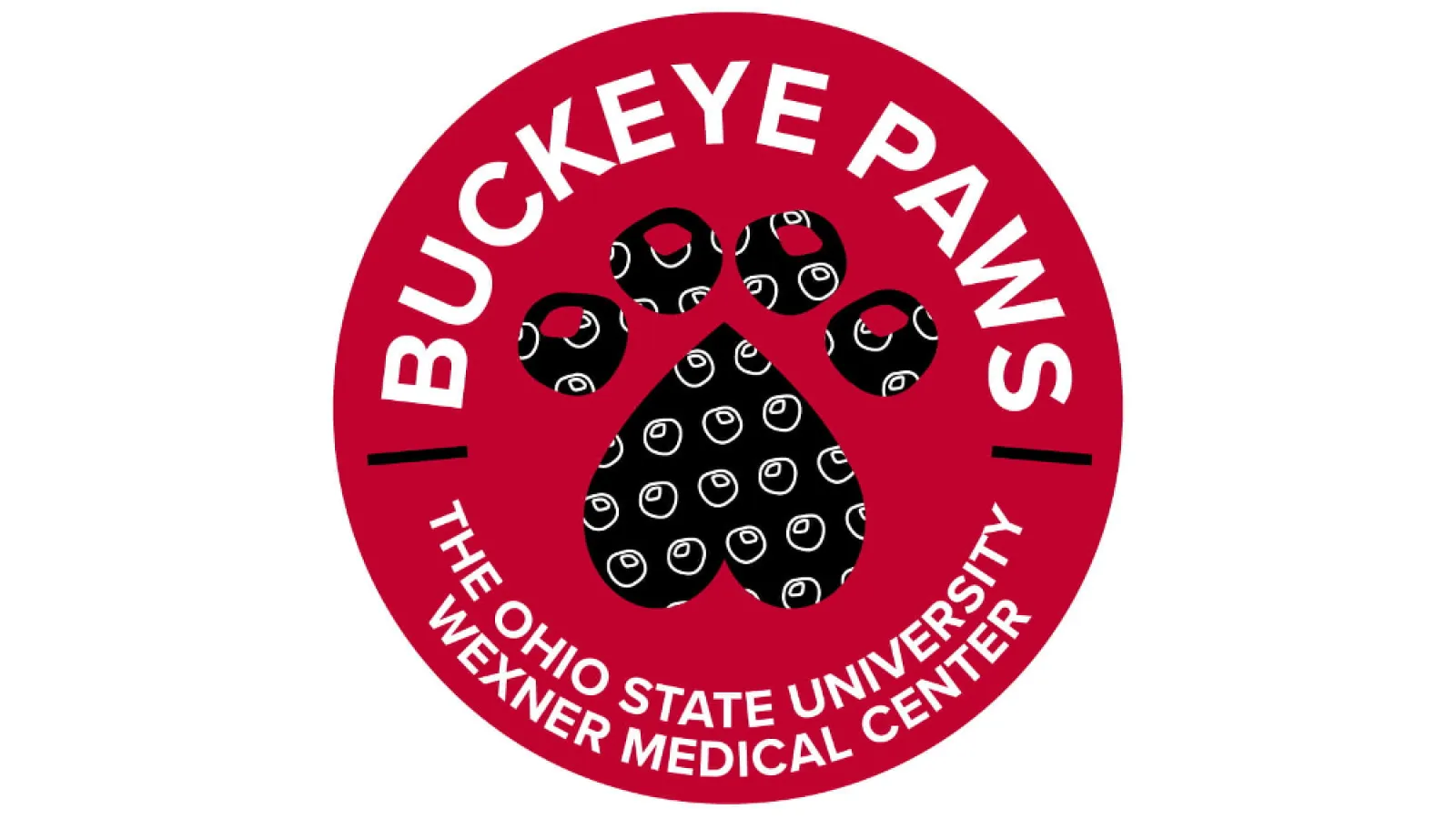 Red circle logo with text "Buckeye Paws" and "The Ohio State University Wexner Medical Center." A black paw print with white swirl patterns is centered.