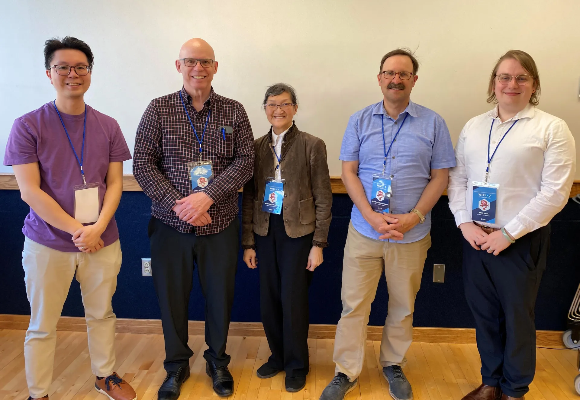 3 Buckeyes and 2 associates posing for a photo at Workshop on Innovations in Cantonese Linguistics bienncial conference. 