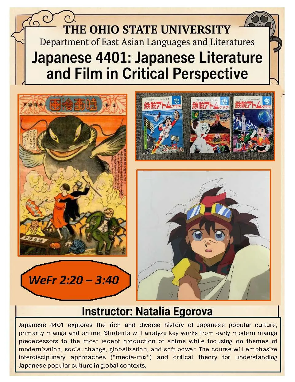 Course poster for Ohio State’s Japanese 4401 class, featuring vintage manga, Astro Boy covers, and an anime character.