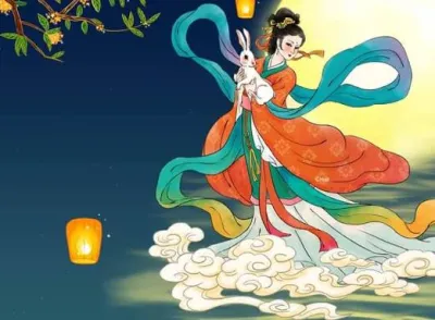 Illustration of a woman in flowing colorful robes holding a white rabbit as she floats above clouds beneath glowing lanterns and a moonlit sky.