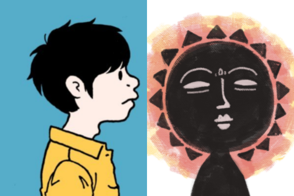 Combined image of a male manga character and a black sun character