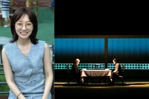 Pictured on  the left is Hayana Kim, a professional young woman with round glasses, to the right are two figured sitting at a table on a stage
