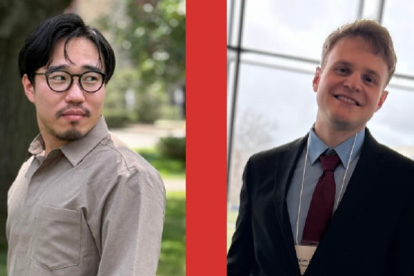 Two men stand side by side in separate settings; one wears glasses and a beige shirt outdoors, the other wears a suit and tie indoors, both facing the camera.