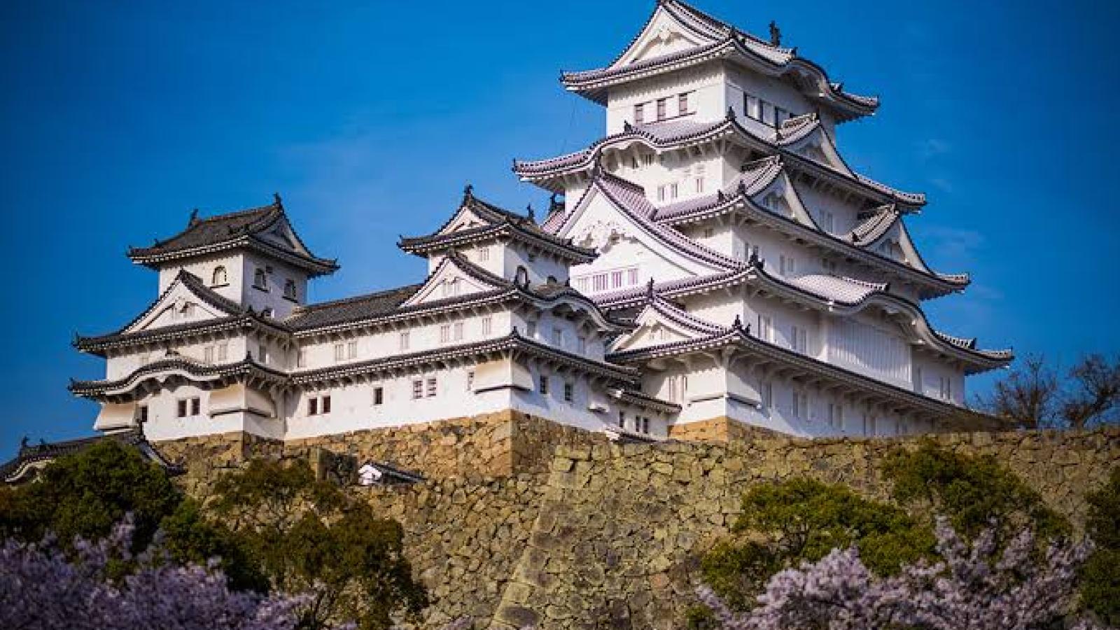 A multi-tiered white castle with curved roofs, located on a stone foundation surrounded by greenery and cherry blossoms under a bright blue sky.