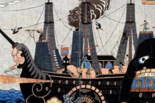 Japanese woodblock print of American warship Japanese woodblock print of American warship